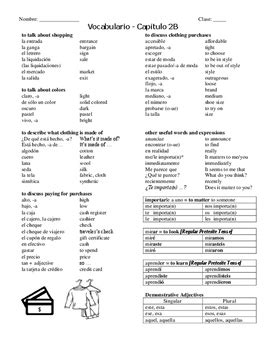 Realidades 2 Vocabulary List Chapter 2B By Anna Neale TpT