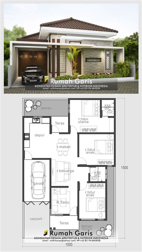 Denah Rumah Ukuran 9x15 3 Kamar Tidur Modern Minimalis