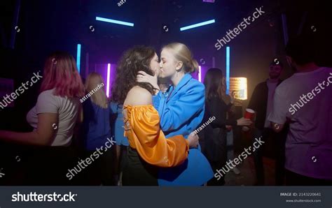 Lesbian Girls Approach Each Other Kiss Stock Photo