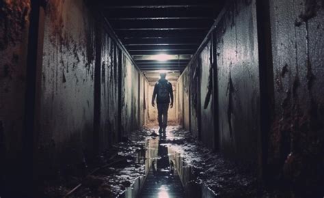 Premium Ai Image Arafed Man Walking Down A Dark Hallway With A Puddle