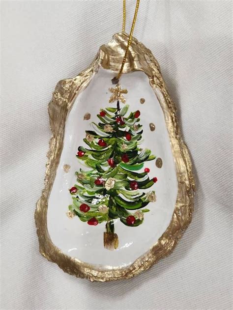 Christmas Tree Oyster Shell Painted Christmas Ornament Etsy Oyster