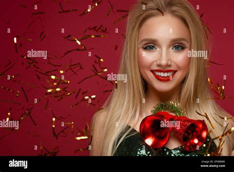 Beautiful Blonde Girl In A New Year S Image With Christmas Bells Around Her Neck Beauty Face