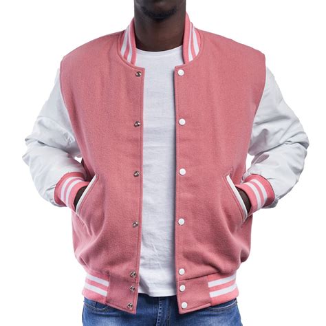 Varsity Jacket With Pink Wool Body And Bright White Leather Sleeves Letterman Jacket Jackut In