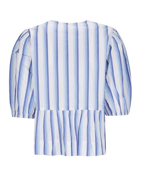 Ganni Stripe Cotton Peplum Puff Sleeve Blouse In Blue Lyst