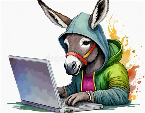 Donkey Wearing Hoodie Sitting At Laptop Computer With Colorful Splash