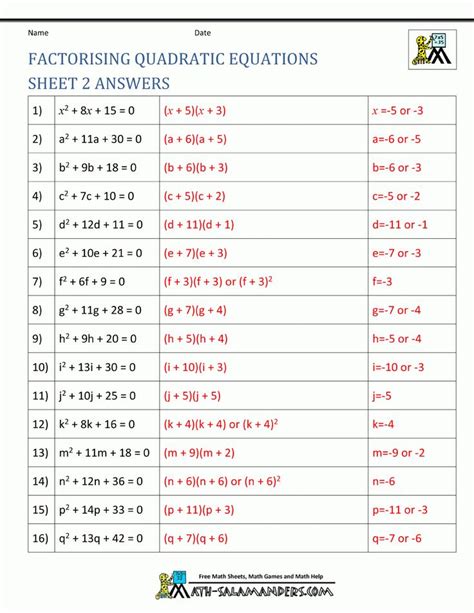 Quadratic Equation Worksheets