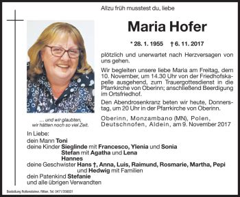 Traueranzeigen Von Maria Hofer Trauer Bz