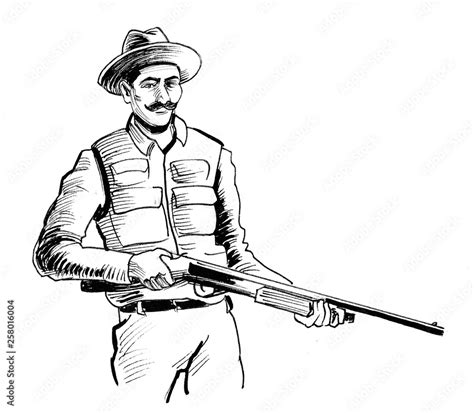 Hunter Standing With A Rifle Ink Black And White Drawing Stock