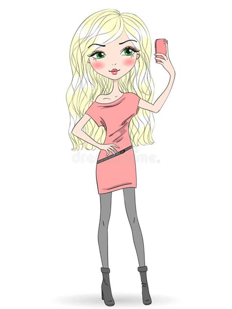 Met De Hand Getekend Mooi Blonde Bruine Selfie Meisje Met Smartphone Vector Illustratie