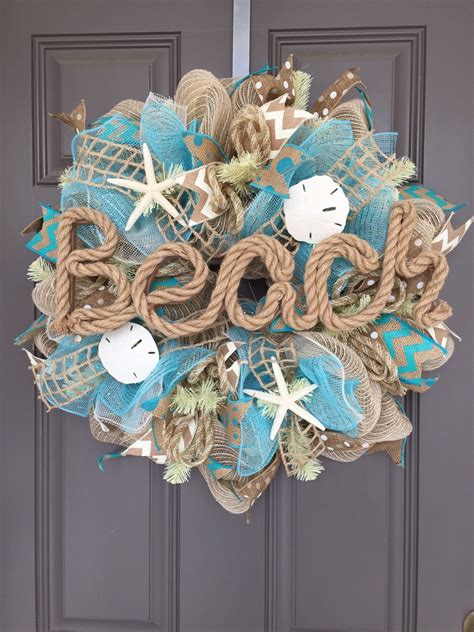 Beach Burlap Deco Mesh Wreath With Seashells Seashell Wreath