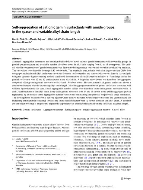 PDF Self Aggregation Of Cationic Gemini Surfactants With Amide Groups