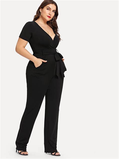 Plus Belted Deep V Neck Jumpsuit Shein Sheinside Jumpsuit Fashion