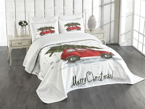 Ambesonne Christmas Quilted Bedspread Set Pcs Retro Car With Tree