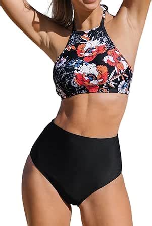 Amazon SEASELFIE Women S Black Floral High Neck Bikini Set Swimsuit Halter High Waisted