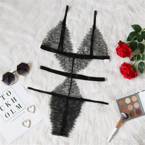 Sexy Eyelash Lace One Piece Deep V Perspective Teddy Bodysuit Women Intimate Lingerie Women S