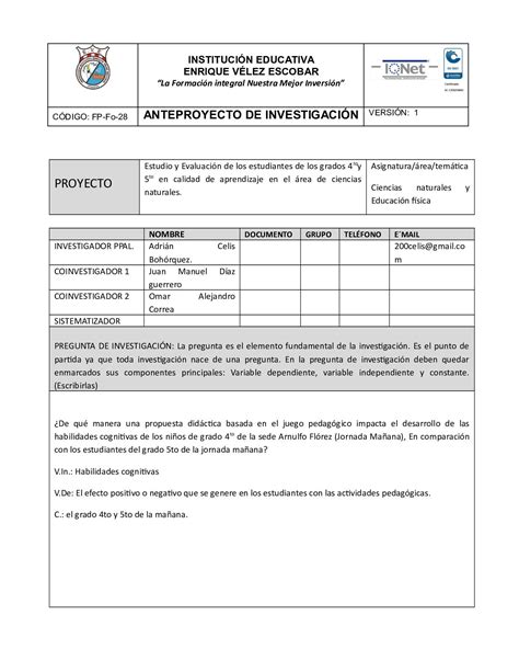 Calam O Formato De Anteproyecto De Investigaci N