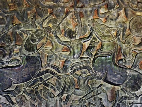 Jim Cox Photos: Angkor Wat Bas Relief Painting Two Horses in Battle