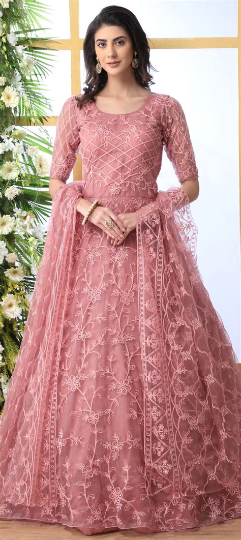 Festive Reception Wedding Pink And Majenta Color Net Fabric Gown