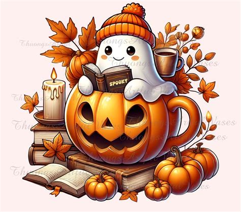 Bookish Ghost Pumpkin PNG Ghost Reading Png Retro Halloween Png Cute