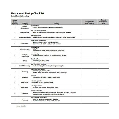 Free Restaurant Checklist Samples Templates In Pdf Ms Word