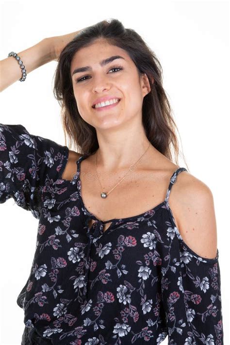 Cute Beauty Brunette Woman Slim Portrait Hand On Head Hairs In Closeup Stock Photo Image Of