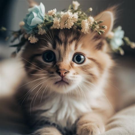 Un Gatito Con Una Corona De Flores En La Cabeza Foto Premium