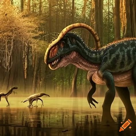 Paleoart Of Three Hadrosaurus Dinosaurs In A Prehistoric Swamp On Craiyon