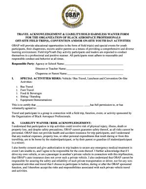 Obap Travel Acknowledgement Liability Hold Harmless Waiver Form