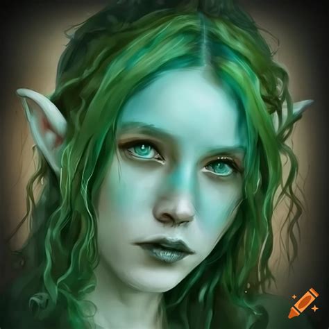 Portrait Of A Sea Elf With Blue Green Skin And Wavy Seaweed Hair In A