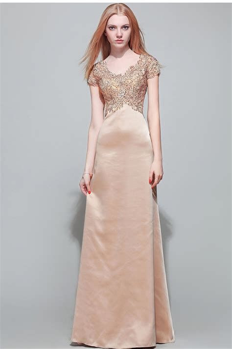 Modest Mermaid V Neck Empire Waist Champagne Satin Lace Beaded Evening