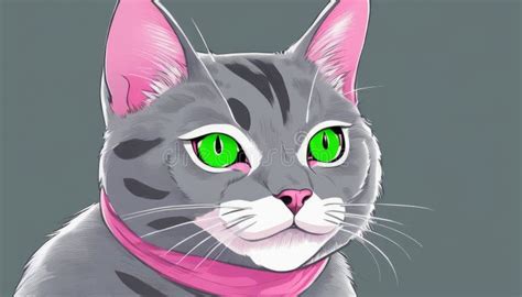 Un Gato De Dibujos Animados Con Ojos Verdes Y Un Collar Rosa Stock De