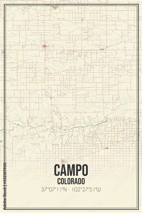 Retro US city map of Campo, Colorado. Vintage street map. Stock ...