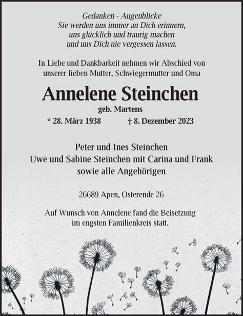 Traueranzeigen Von Annelene Steinchen Nordwest Trauer De