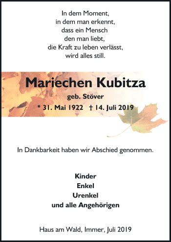 Traueranzeigen Von Mariechen Kubitza Noz Trauerportal