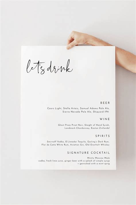 Adella Minimalist Wedding Bar Menu Template Modern Bar Menu Sign Let