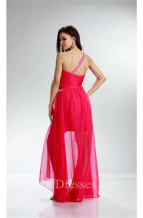 One Shoulder High Low Hot Pink Chiffon Beaded Prom Dress