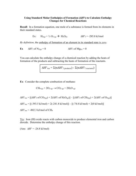 Using Standard Molar Enthalpies Of Formation To Calculate Enthalpy