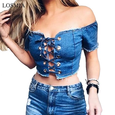 Boayours Beachwear Bandage Denim Crop Top Women 2017 Blue Strapless