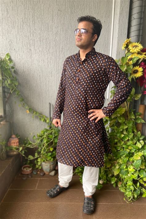 Mens Bandhani Brown Cotton Kurta