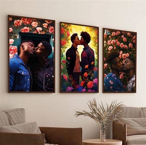 Set Of 3 Black Gay Men Digital Prints Black Gay Men Floral Poster Gay Couple Gay Men Kissing
