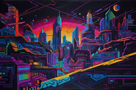 Blacklight And Uv Reactive Painting Of Abstract Futuristic Cityscape