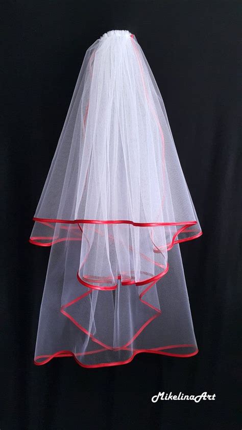 White Wedding Veil Three Layers Red Satin Edging Etsy Red And