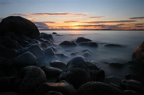 Wallpaper Landscape Sunset Sea Bay Night Rock Shore Reflection