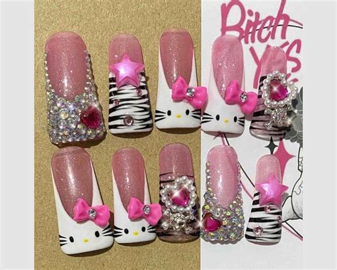 French Tip Kawaii Hellokitty Press On Nails Y2k Glitter Pink Etsy