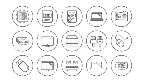 L Nea Iconos Del Dispositivo Del Ordenador Placa Madre Cpu Y Ordenador