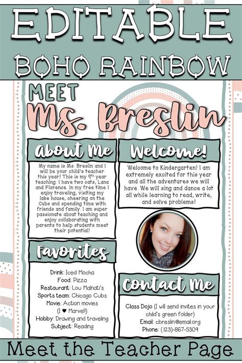 Boho Rainbow Meet The Teacher Page Parent Communication Meet The