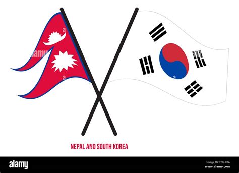 Nepal And South Korea Flags Crossed And Waving Flat Style Official