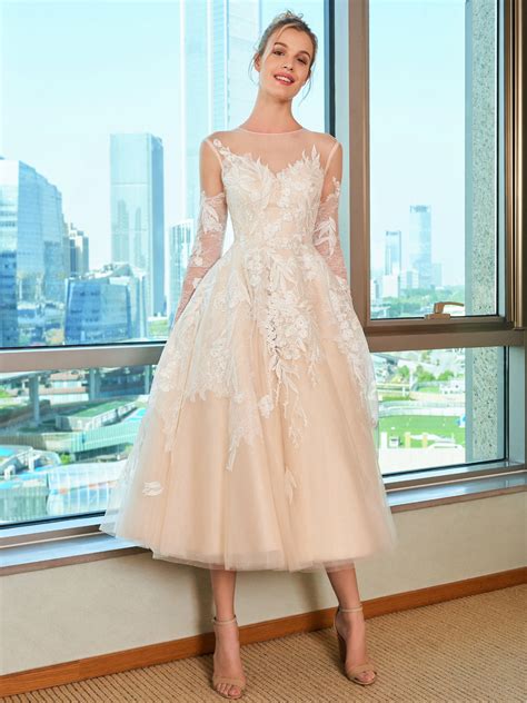 Lace Tea Length Beach Wedding Dress With Long Sleeve Tbdress