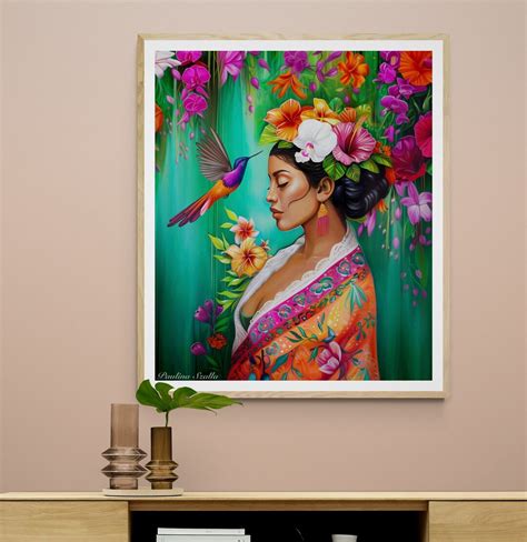 Woman Of Colors Humming Bird Mexico Latin American Boho Folklore Art