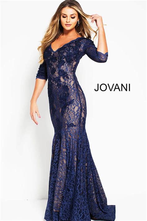 Jovani 54835 Navy Embellished Lace Long Sleeve Formal Gown